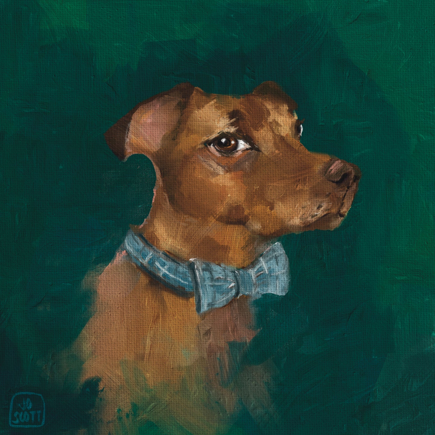 Oil Painting of a brown dog in a bow tie giving the side eye