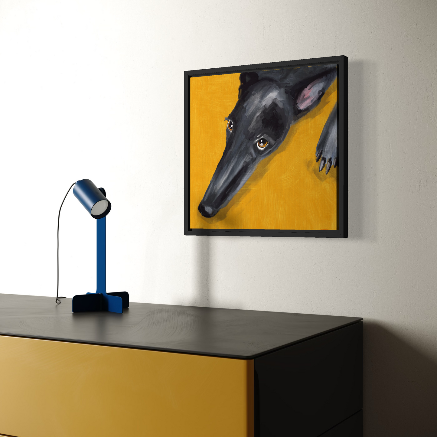 Eddie | Black Greyhound |Framed Canvas 30x30cm / 12"x12"