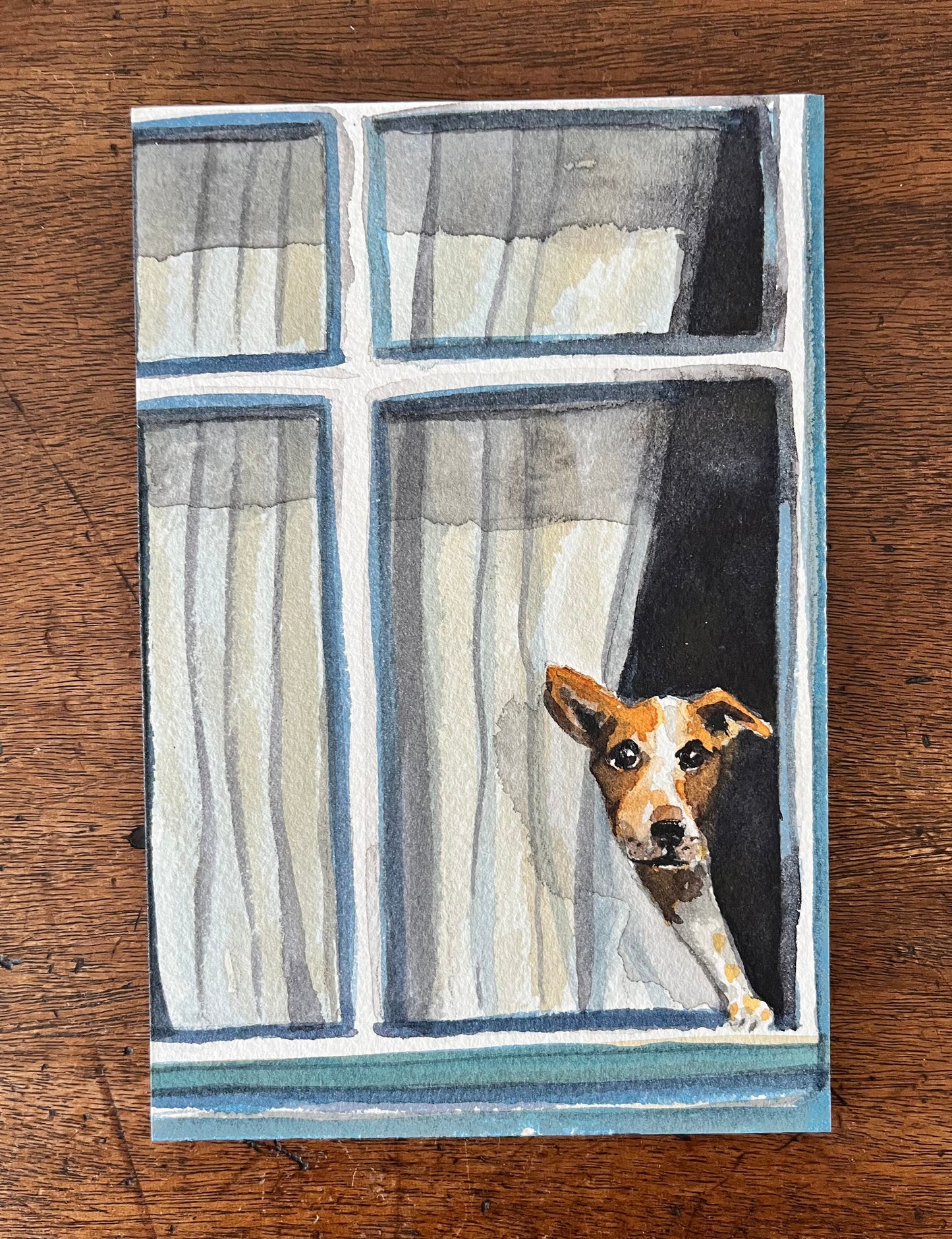 Original watercolour of Dog in window no.4 on 6x4 inch wooden board