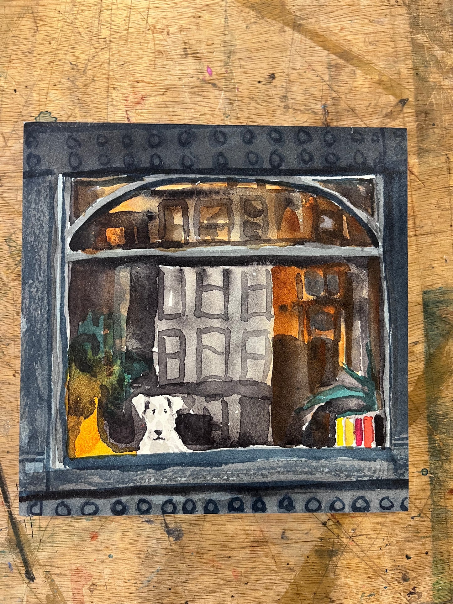 Dog in window no.4 | Original Watercolour mounted on Wooden Board | 6x6 inch