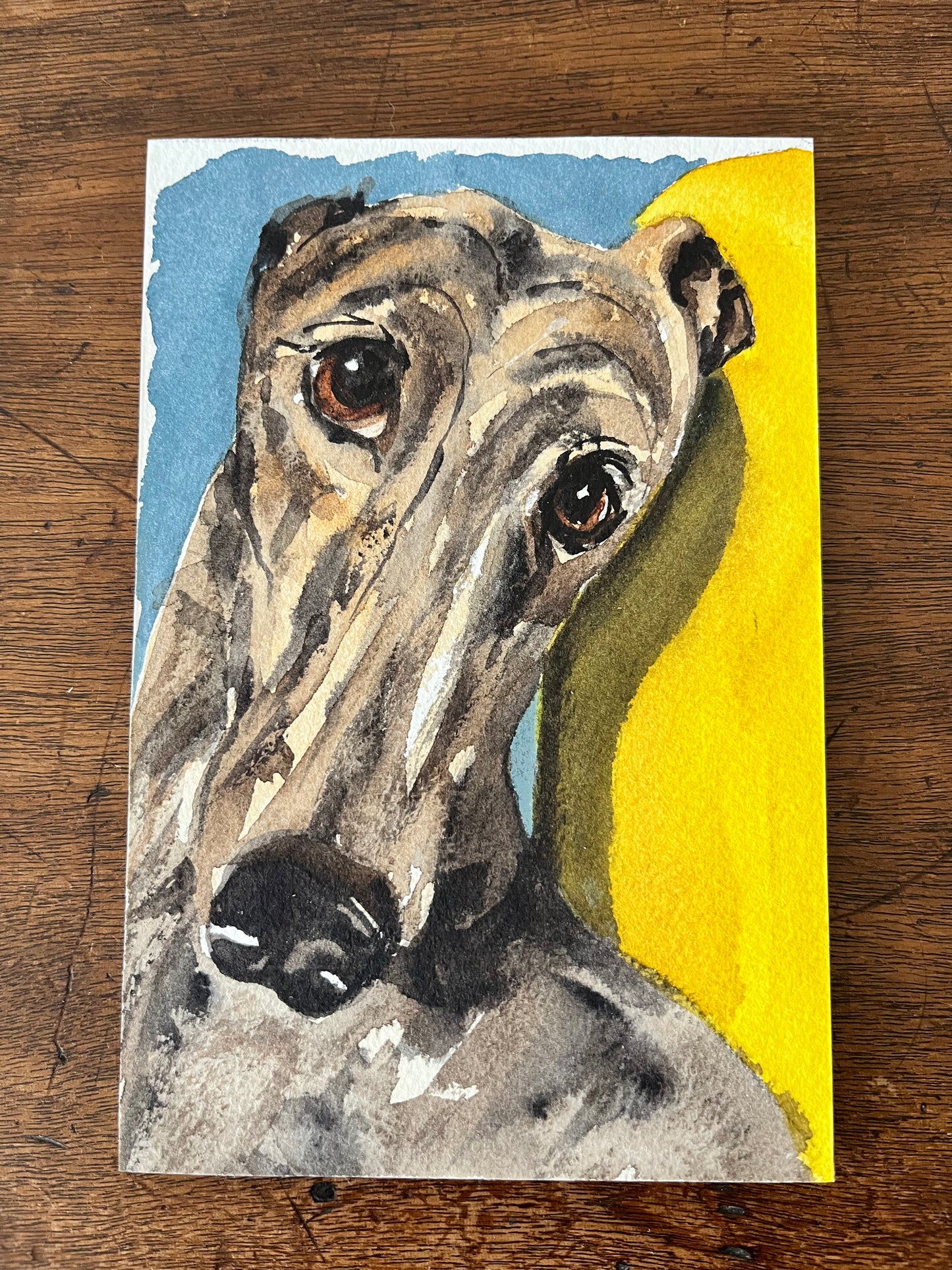 Brindle Greyhound | Original Watercolour on Wooden Board | 6x4 inch
