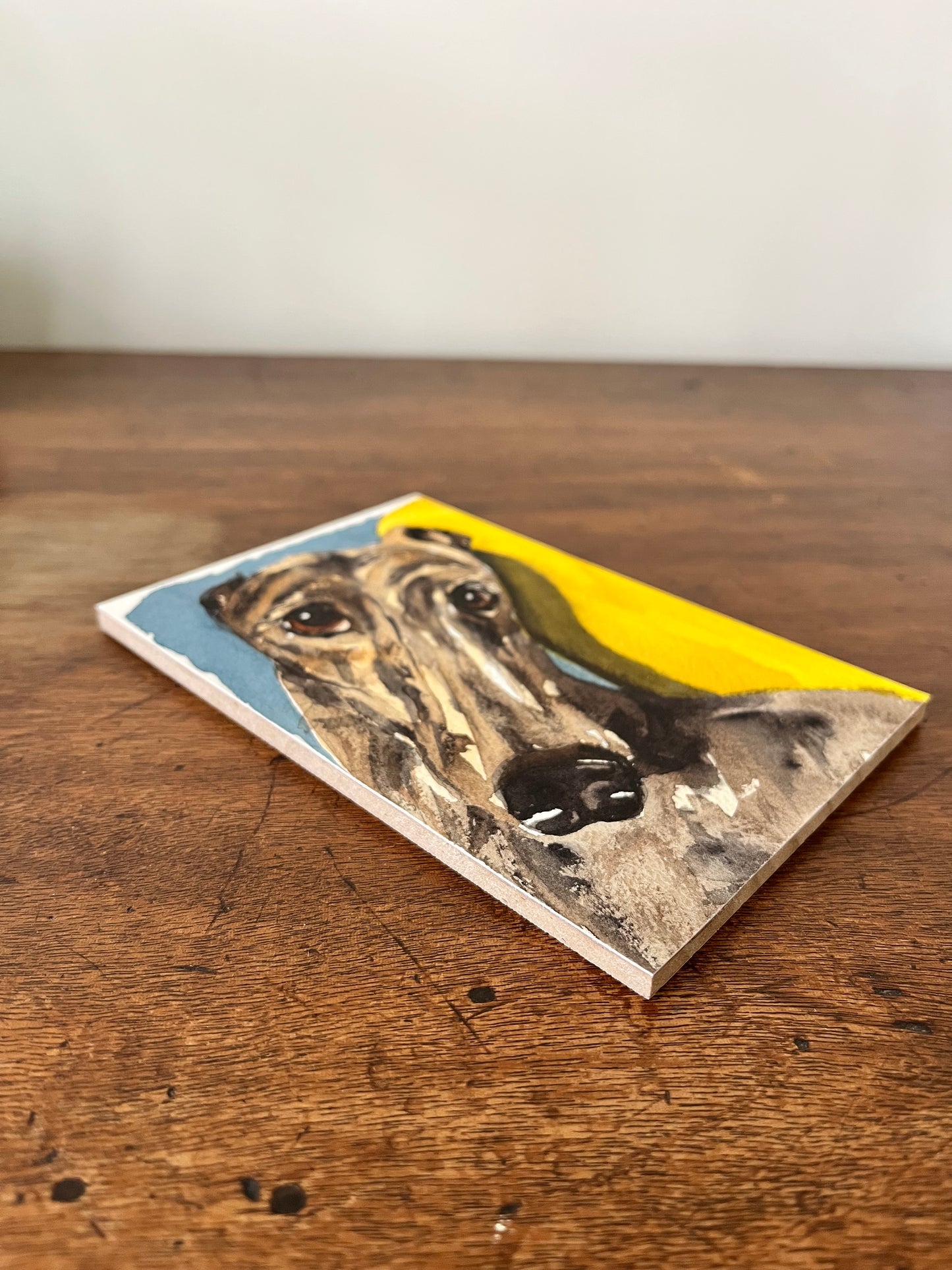 Brindle Greyhound | Original Watercolour on Wooden Board | 6x4 inch