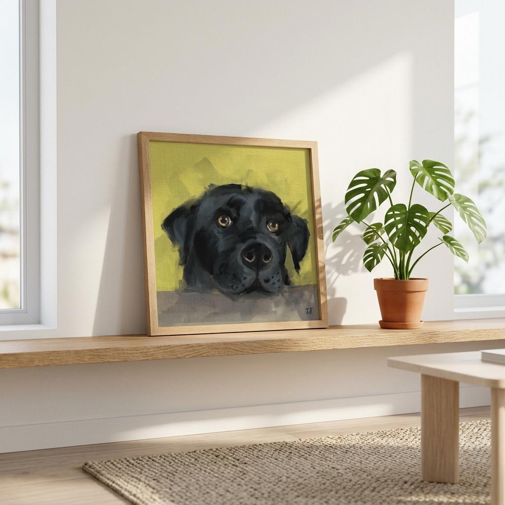 Framed painting of a black dog on a wall with a plant below