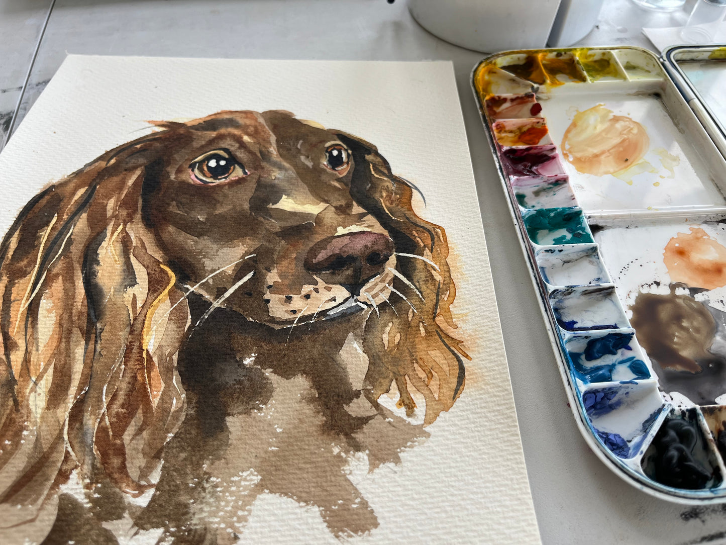 Watercolor painting of a brown spaniel on paper with a paint palette next to it.
