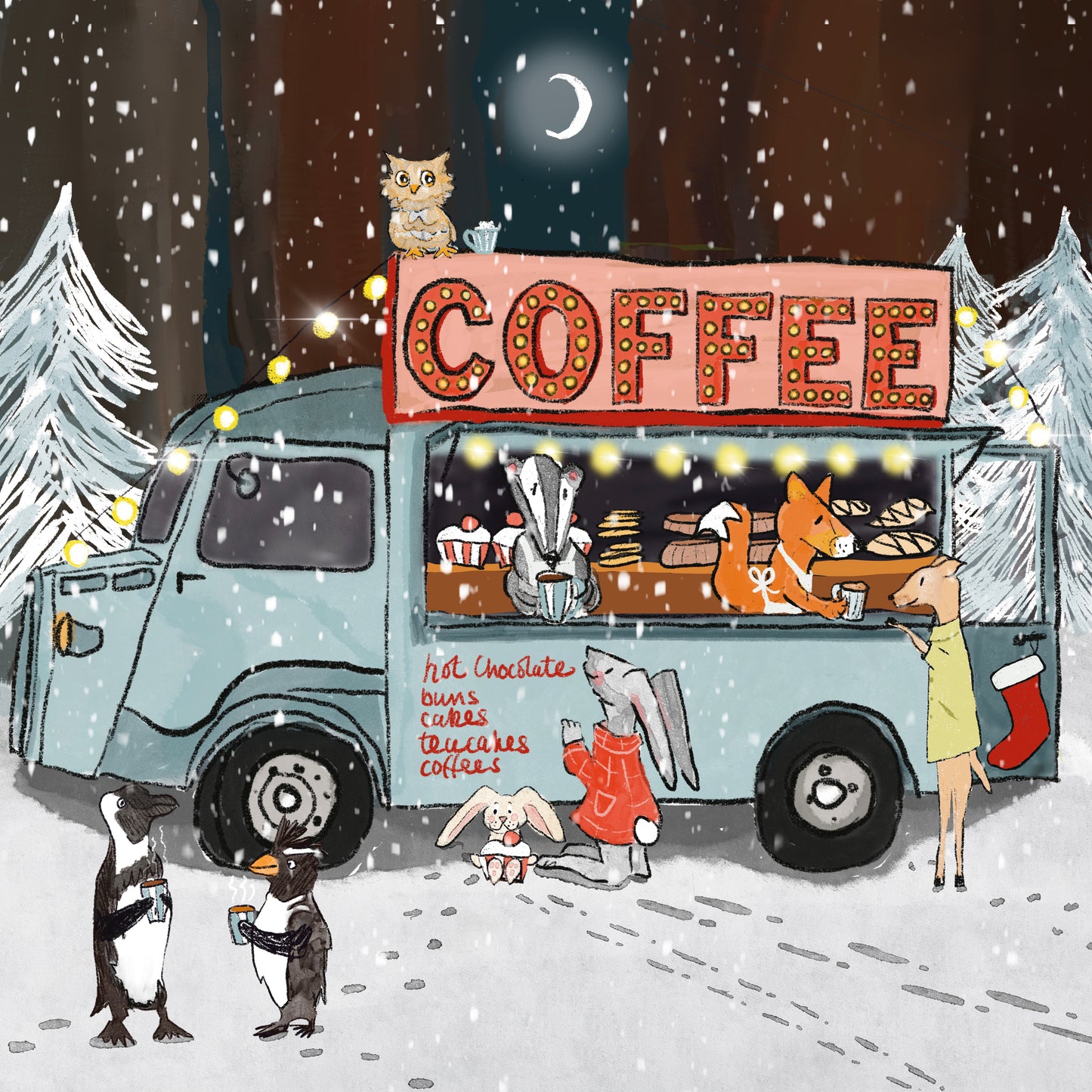 Illustration of a coffee truck in a snowy scene with animals around, painted by Jo Scott