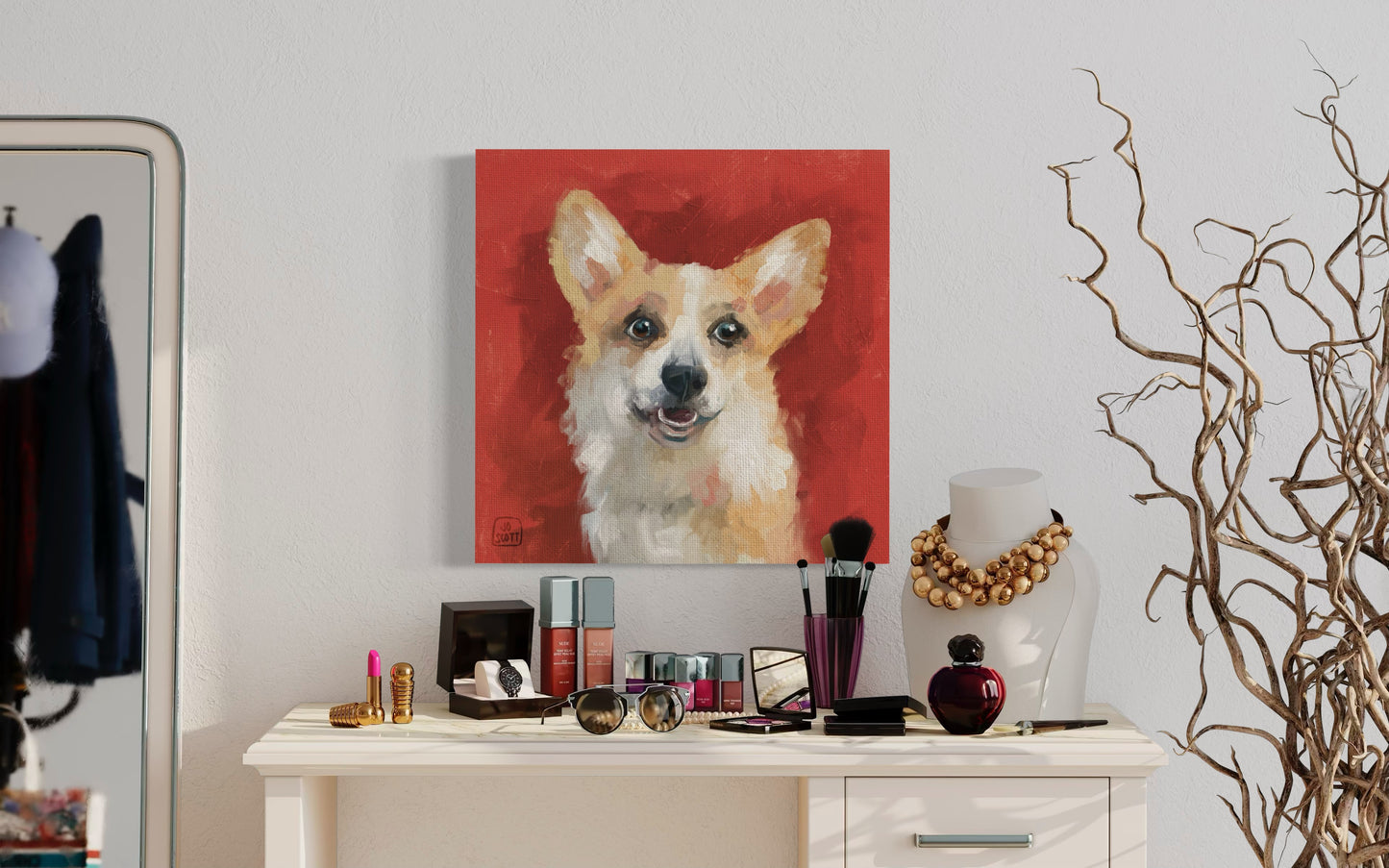 Bedroom interior with a painting of a Corgi on a red background above a dressing table with clutter
