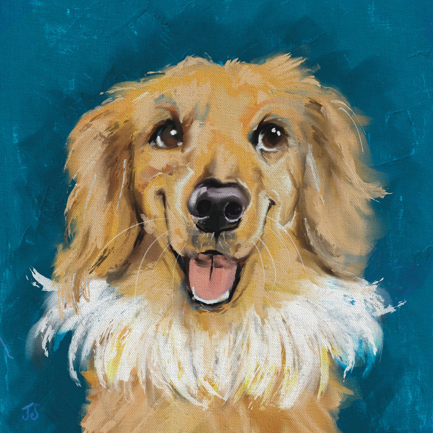 Fun Painting of a dog with a feather boa and on a blue background