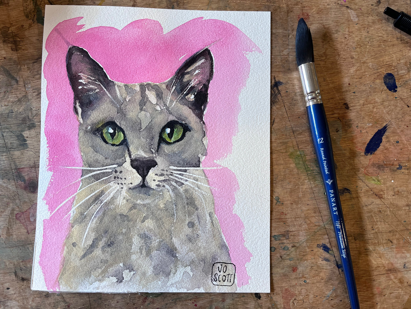 Grey Cat with Green Eyes | Original A5 Watercolour Painting with Hot Pink Background