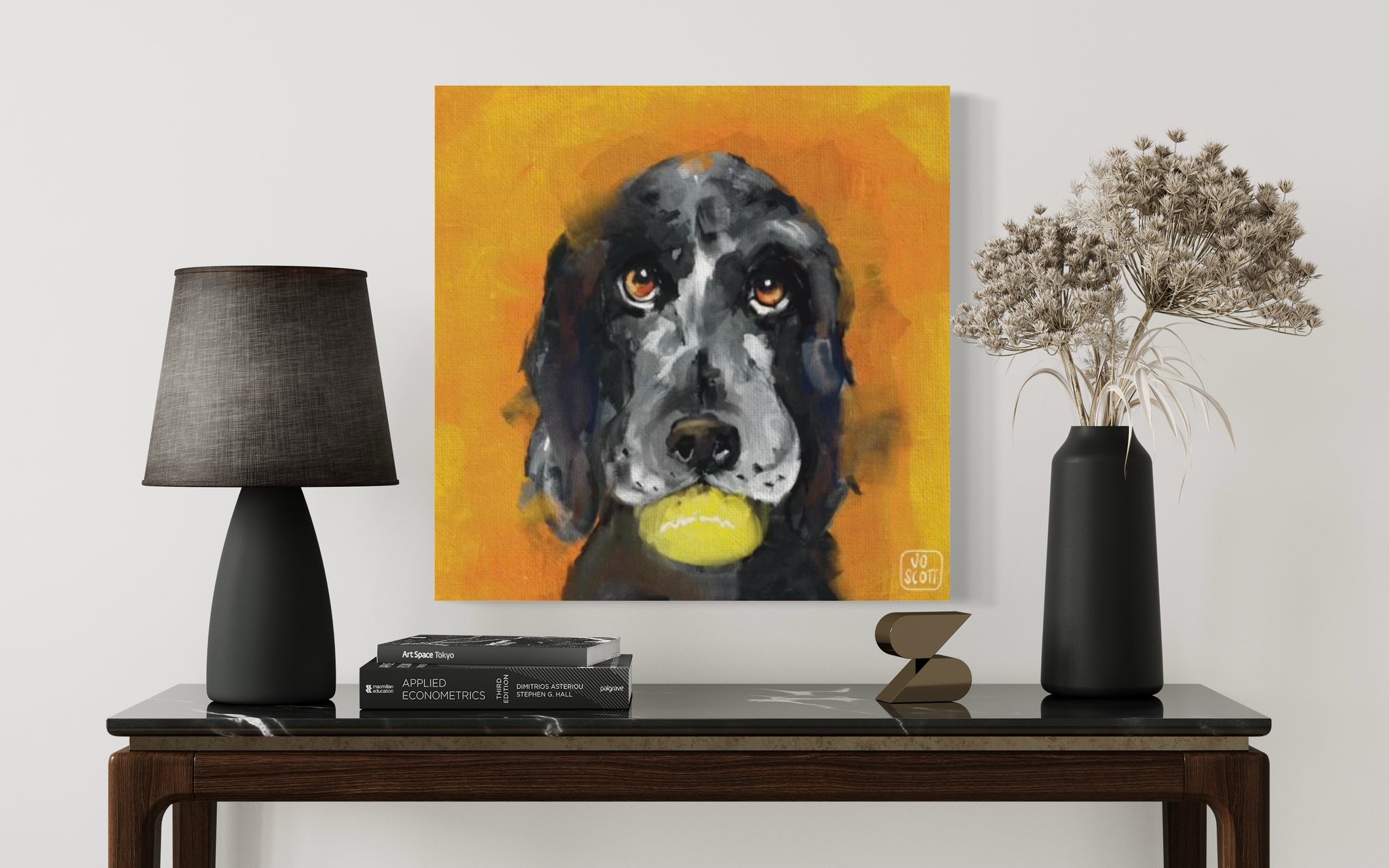 Digital oil portrait of a black spaniel with a tennis ball, bold vibrant orange background, displayed on a wall above a console table