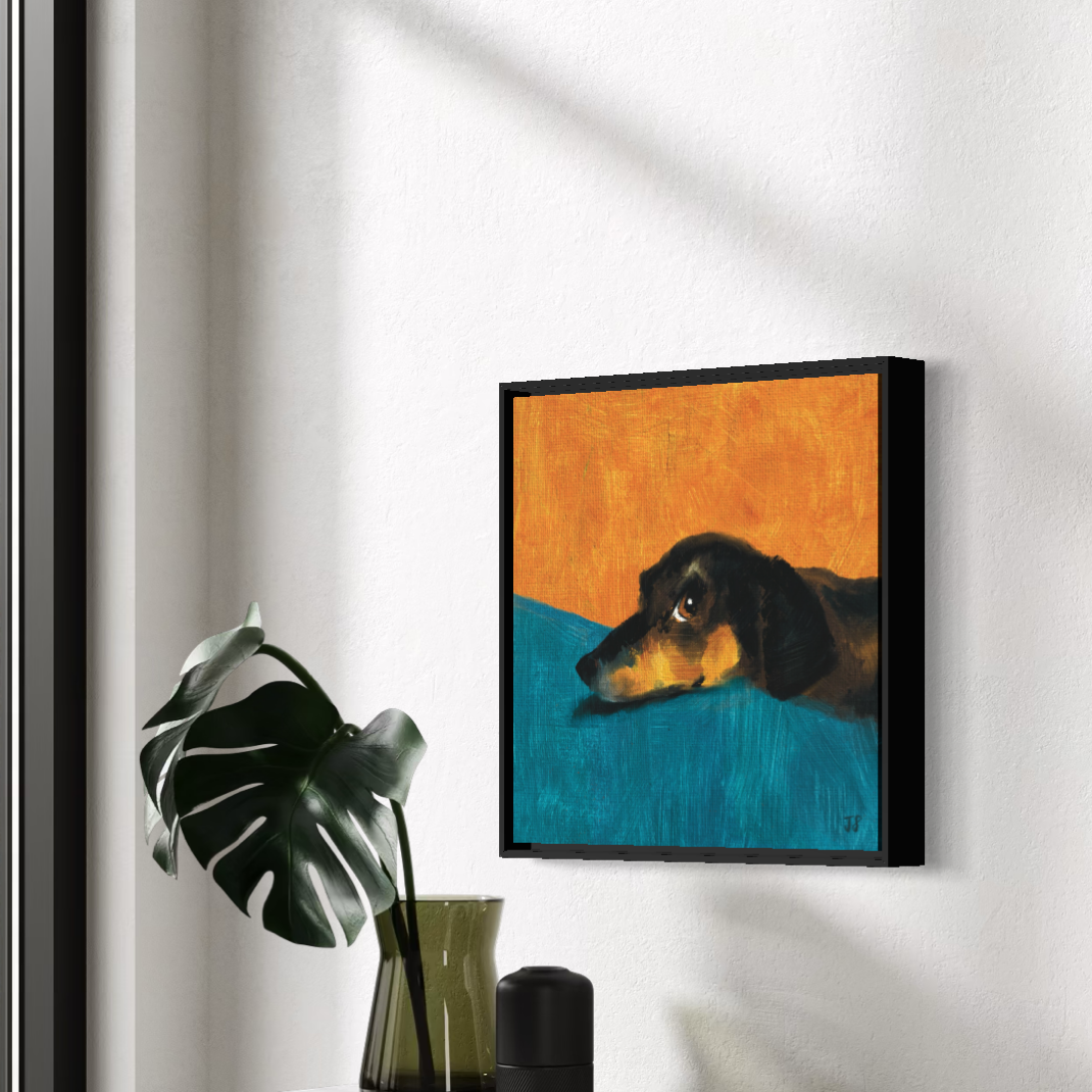 Fred |Black & Tan Dachshund |Framed Canvas 30x30 cm / 12x12″