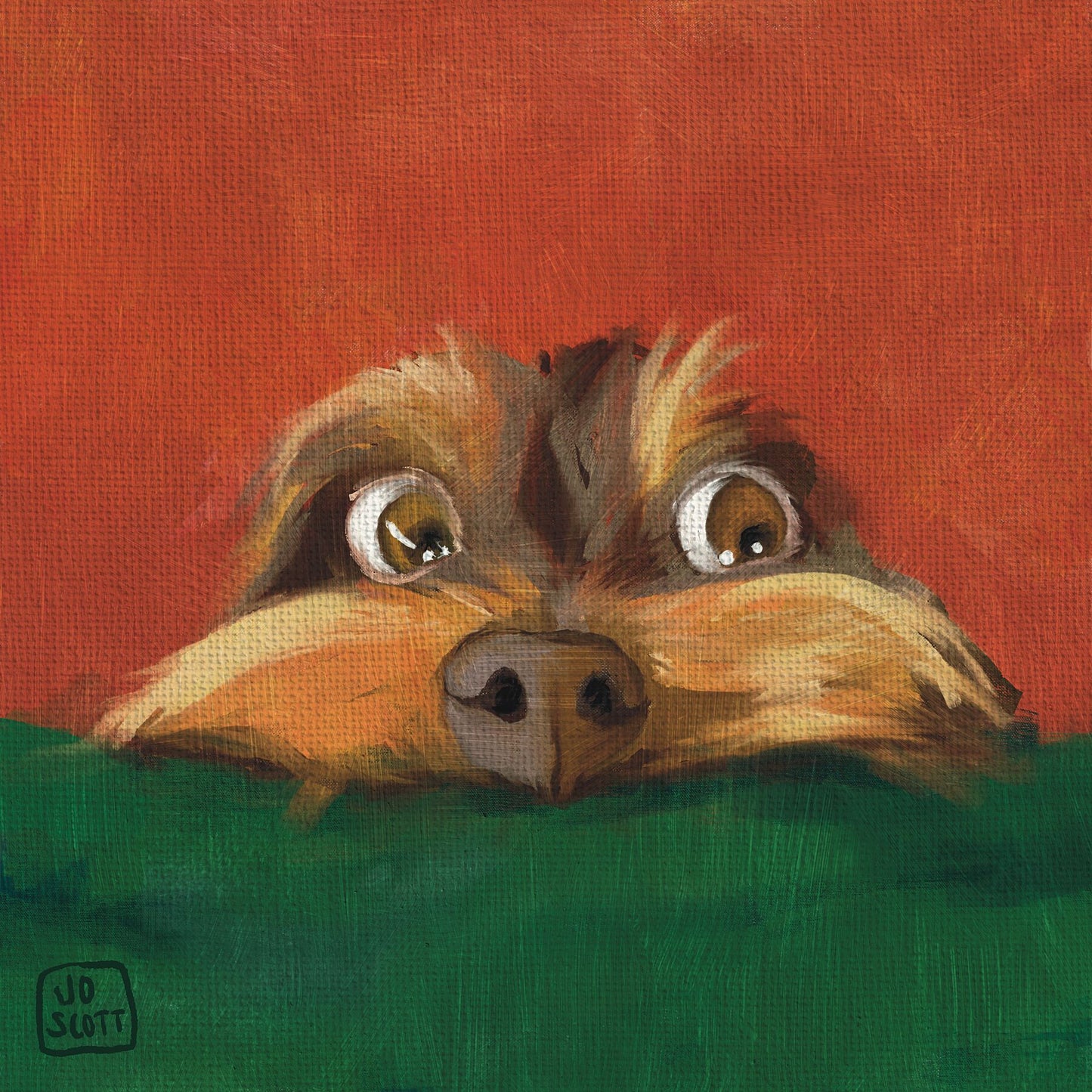 Commissioned dog painting of a rough haired dachshund called Jameswith a rich green and red background