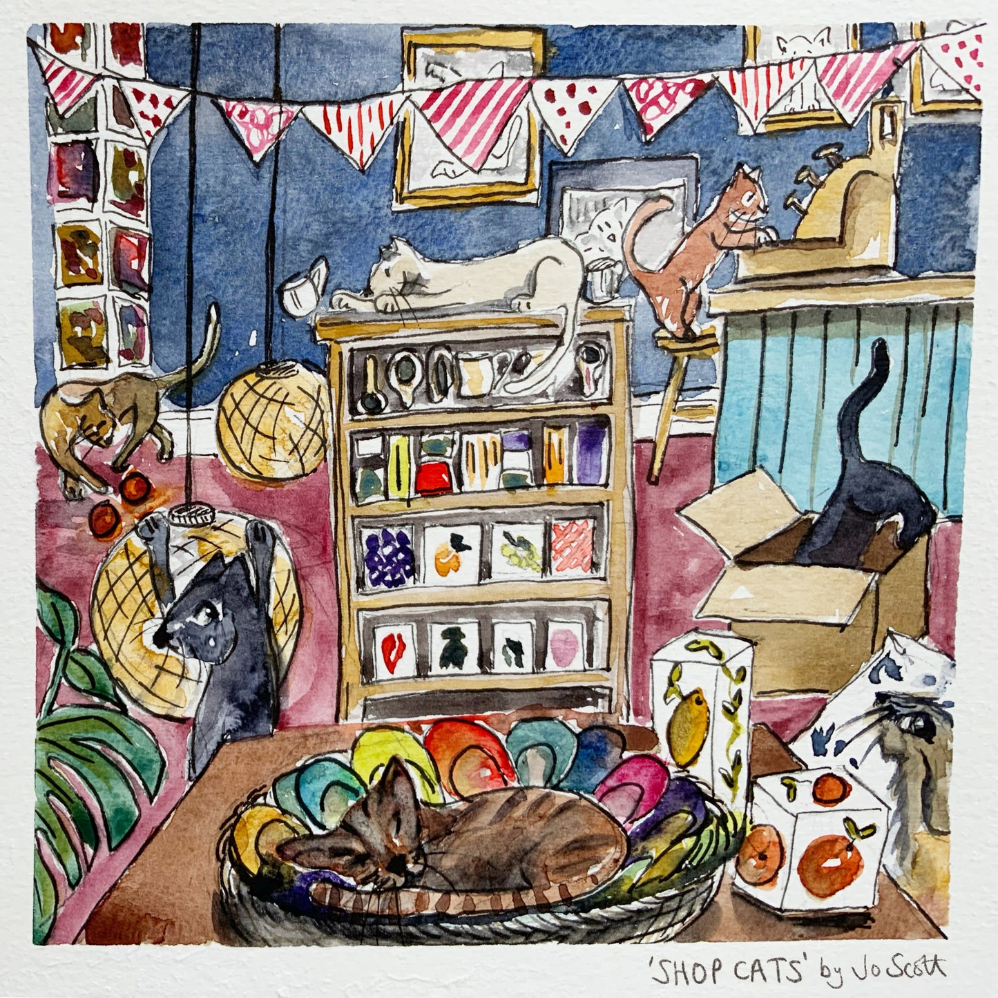 Shop Cats | Original Watercolour & Ink Cat Illustration, 20x20cm | Jo Scott