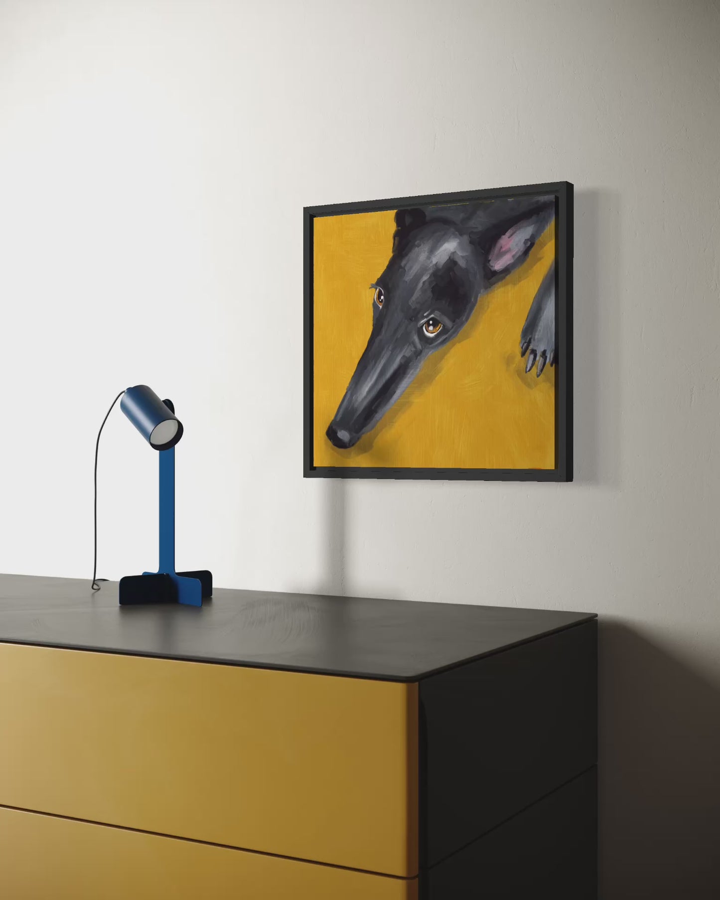 Load and play video in Gallery viewer, Eddie | Black Greyhound |Framed Canvas 30x30cm / 12&amp;quot;x12&amp;quot;
